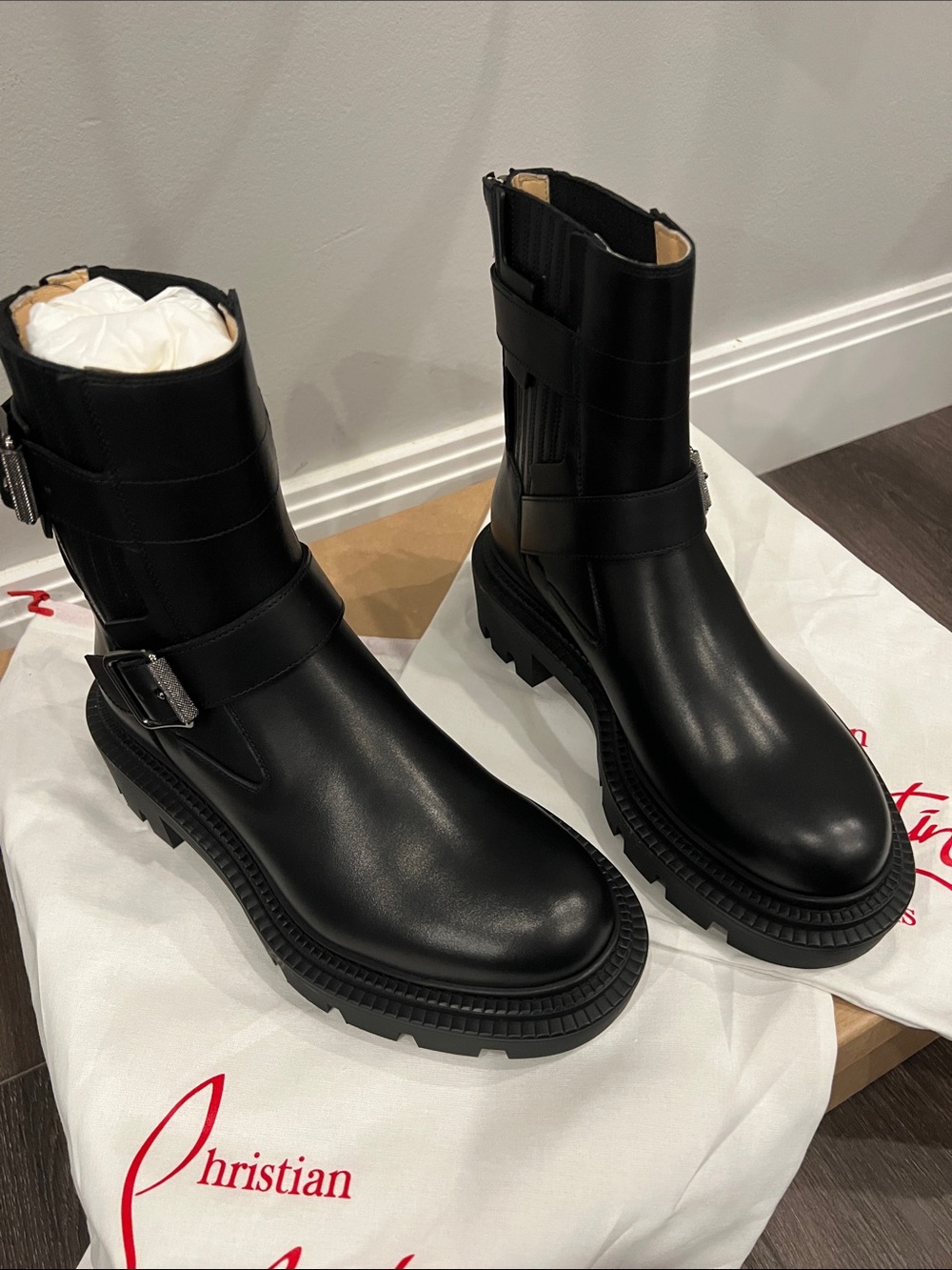 Christian Louboutin Black Leather Buckle Combat Boots